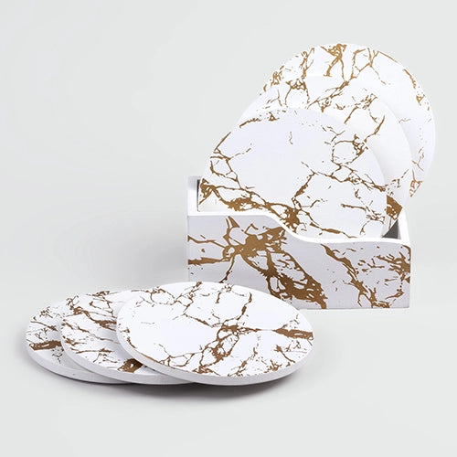 Premium wooden coasters with white and gold design

