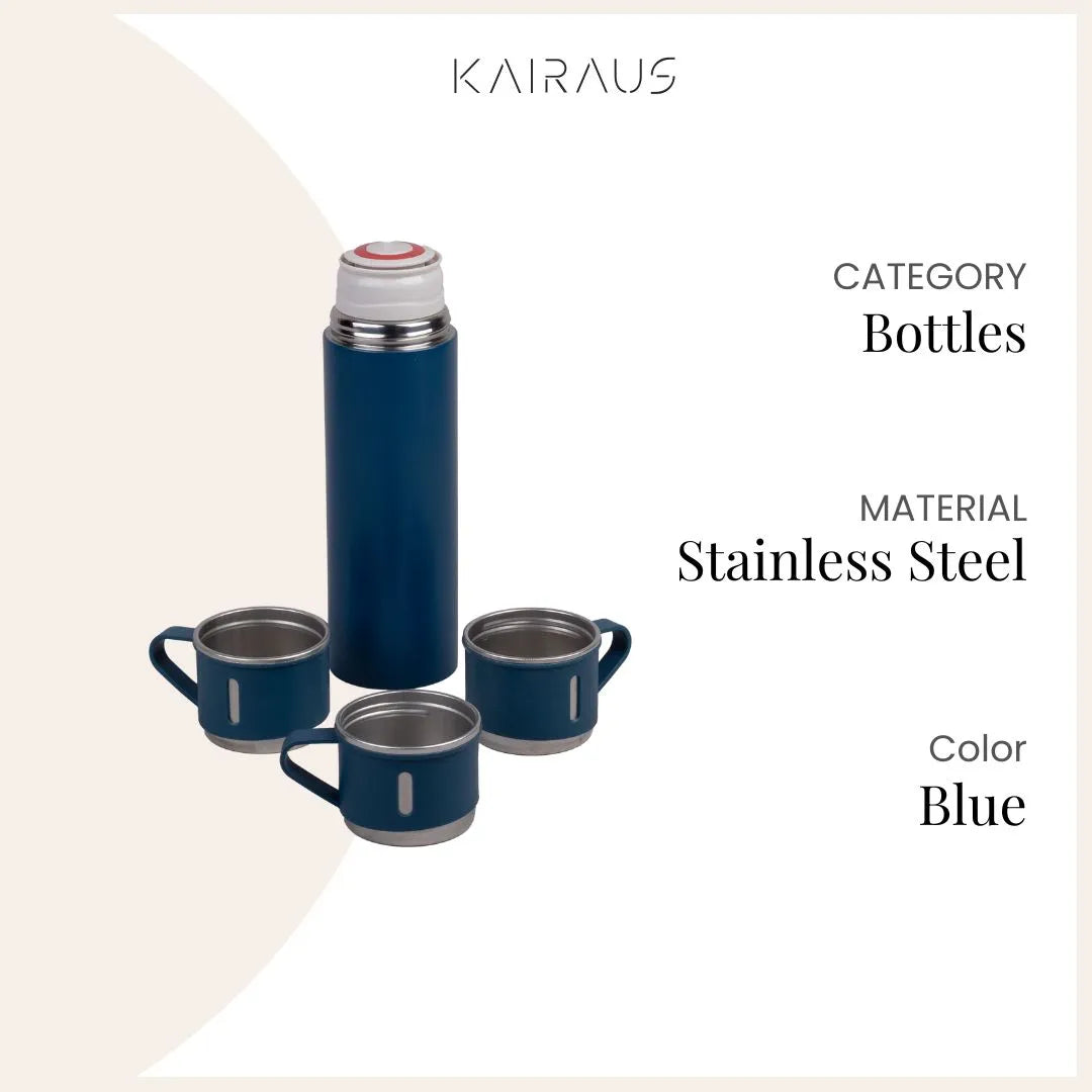 Premium blue thermos flask set with matching stainless steel bottles