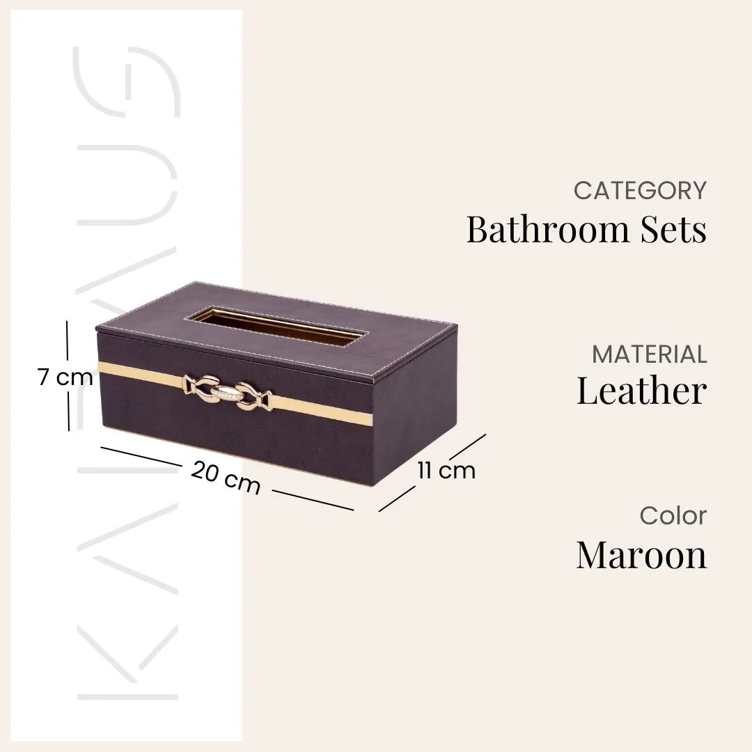 Decorative maroon leather bath accessories with refined detailing

