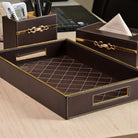 Elegant maroon leather desk organiser with multiple compartments

