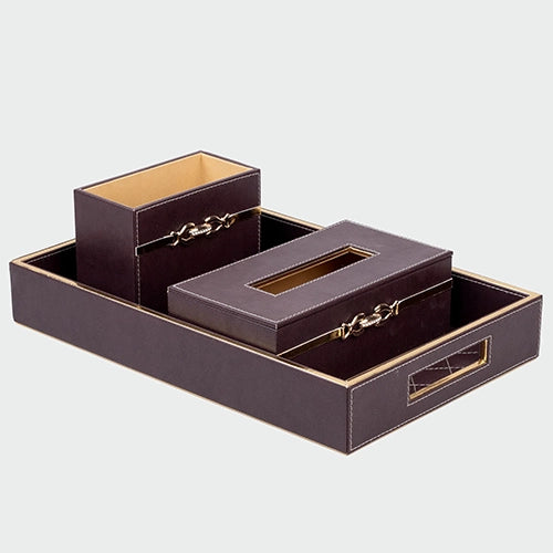 Luxury maroon leather desk accessories organiser set

