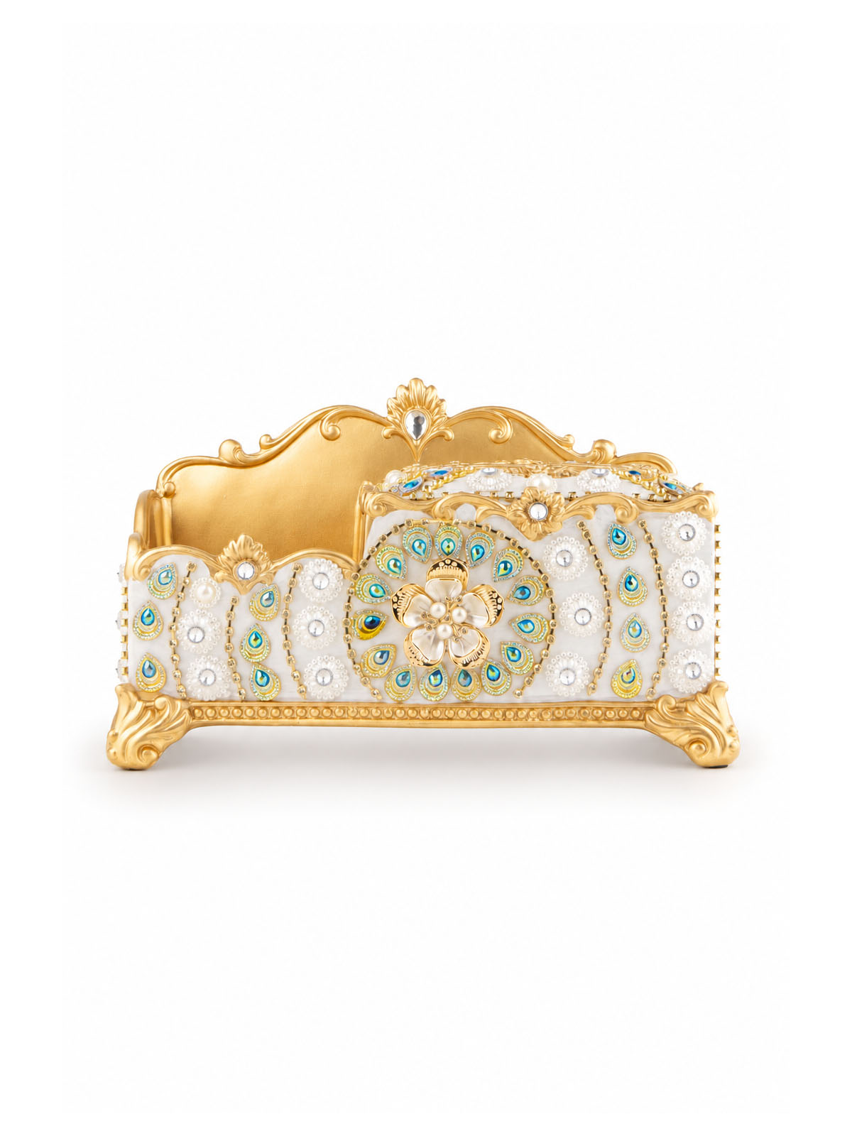 Decorative European tissue holder featuring intricate royal detailing

