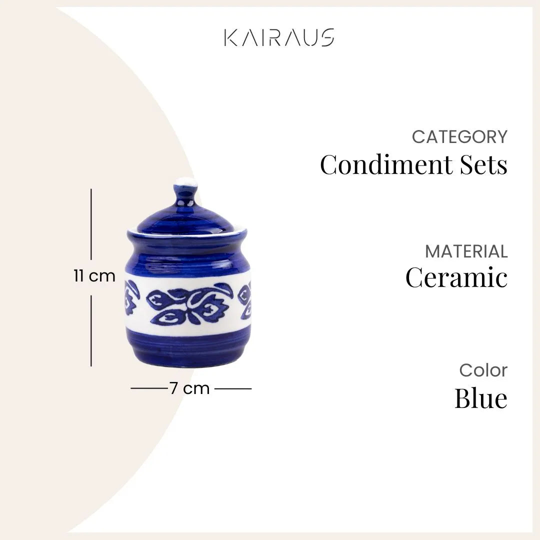 Hand-painted blue ceramic condiment containers for kitchen
