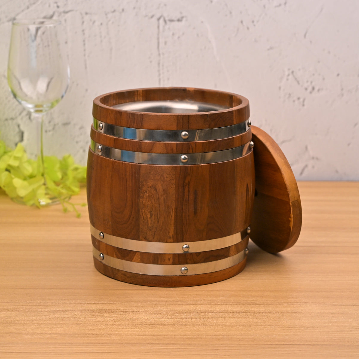 Rustic Wooden Ice Bucket with Natural Wood Finish