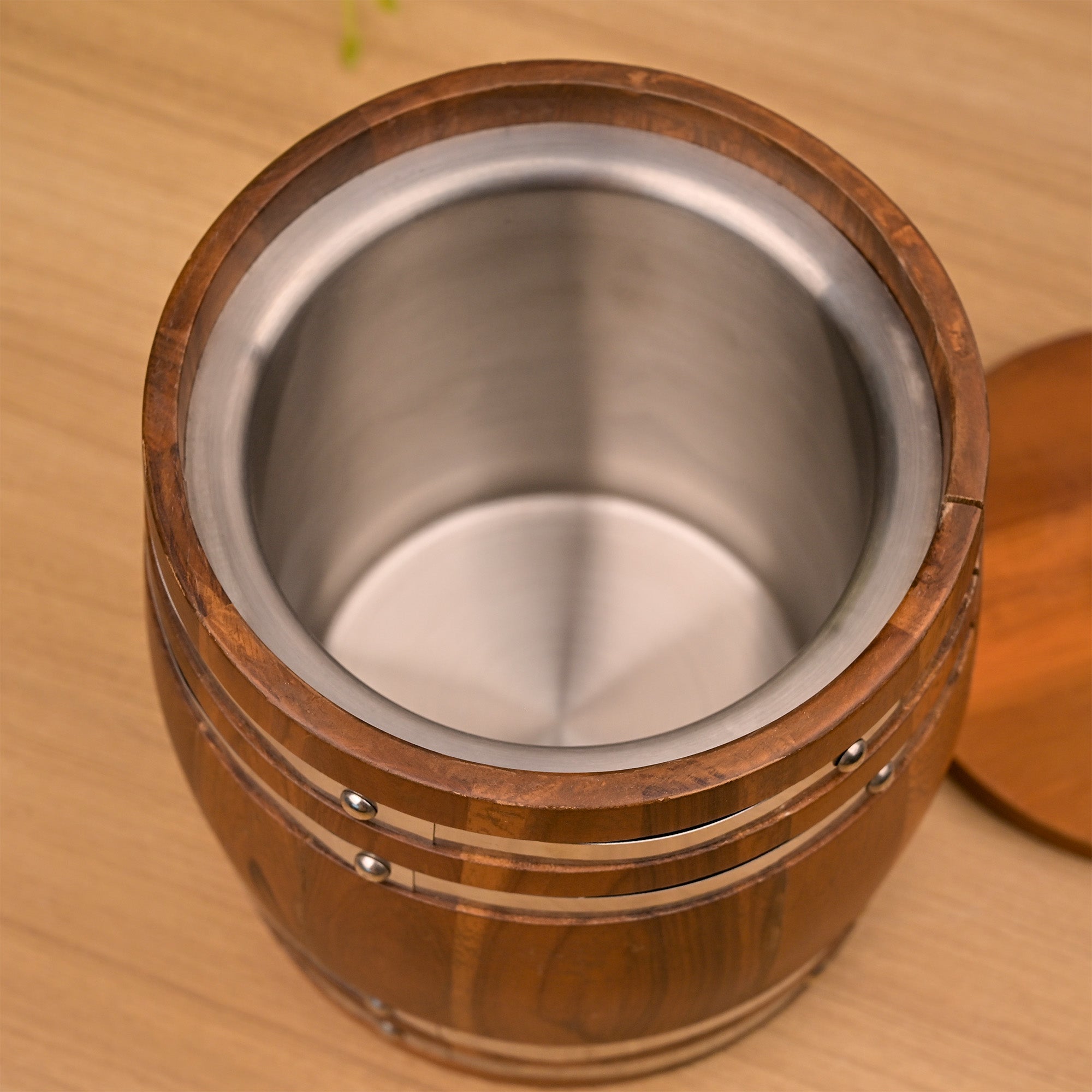 Close-Up of Rustic Wooden Ice Bucket Showing Wood Texture