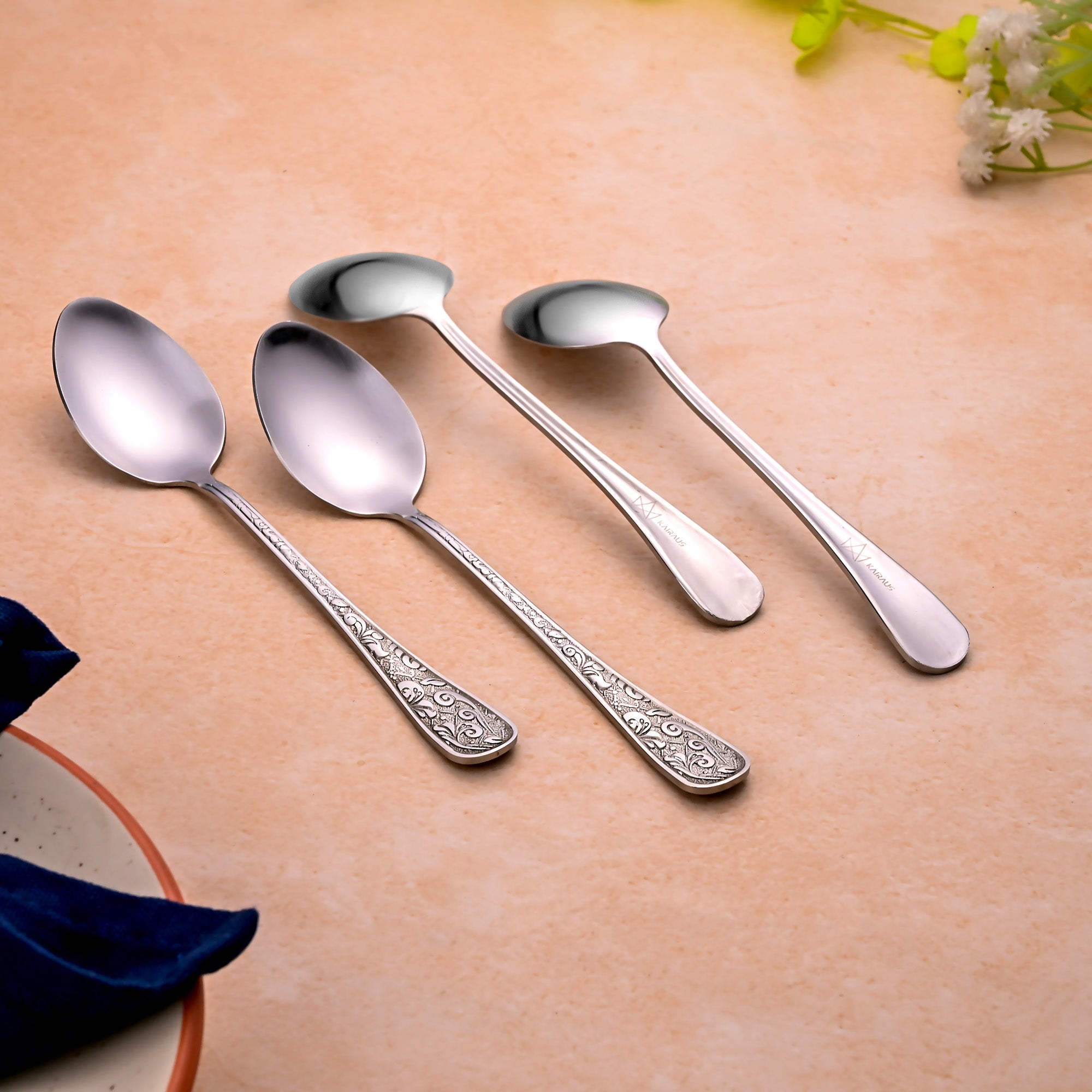 Four-Piece Silver Blossom Tea Spoon Set for Modern Dining

