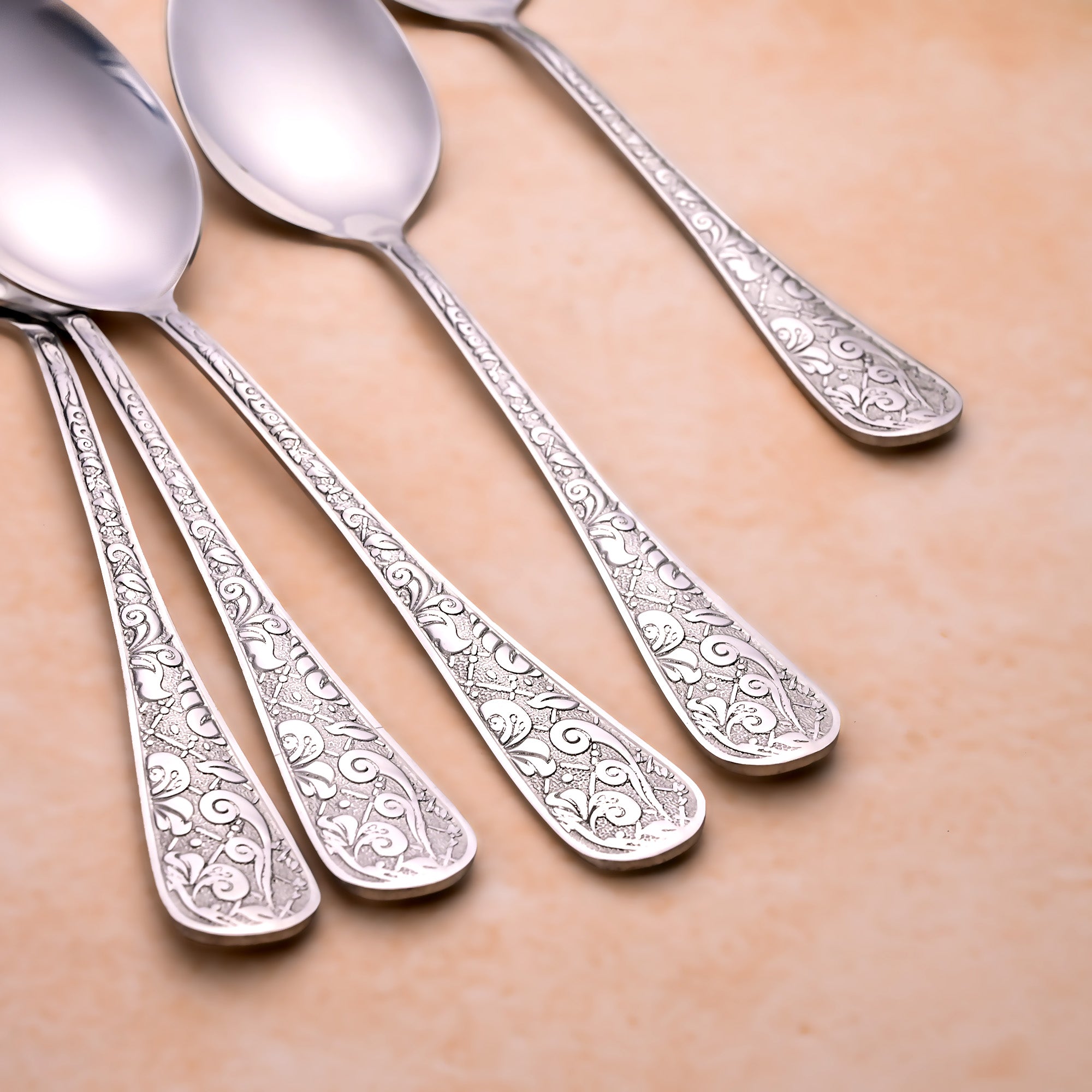 Set of 6 Silver Filigree Spoons with Ornamental Handle Detailing

