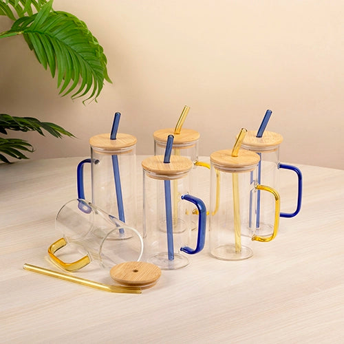 Set of six glass sippers with wooden lids

