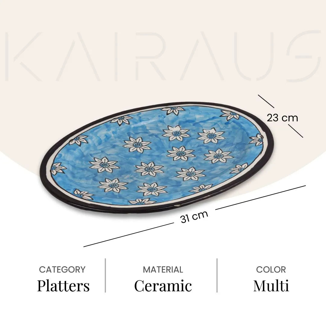 Hand-painted sky blue floral serving platter

