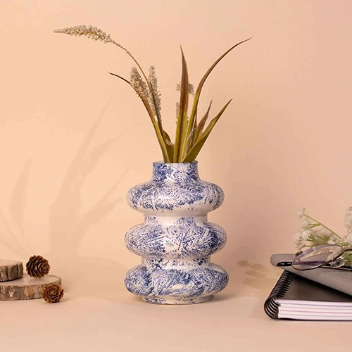 Slate blue tri-ring ceramic vase with modern sculptural design

