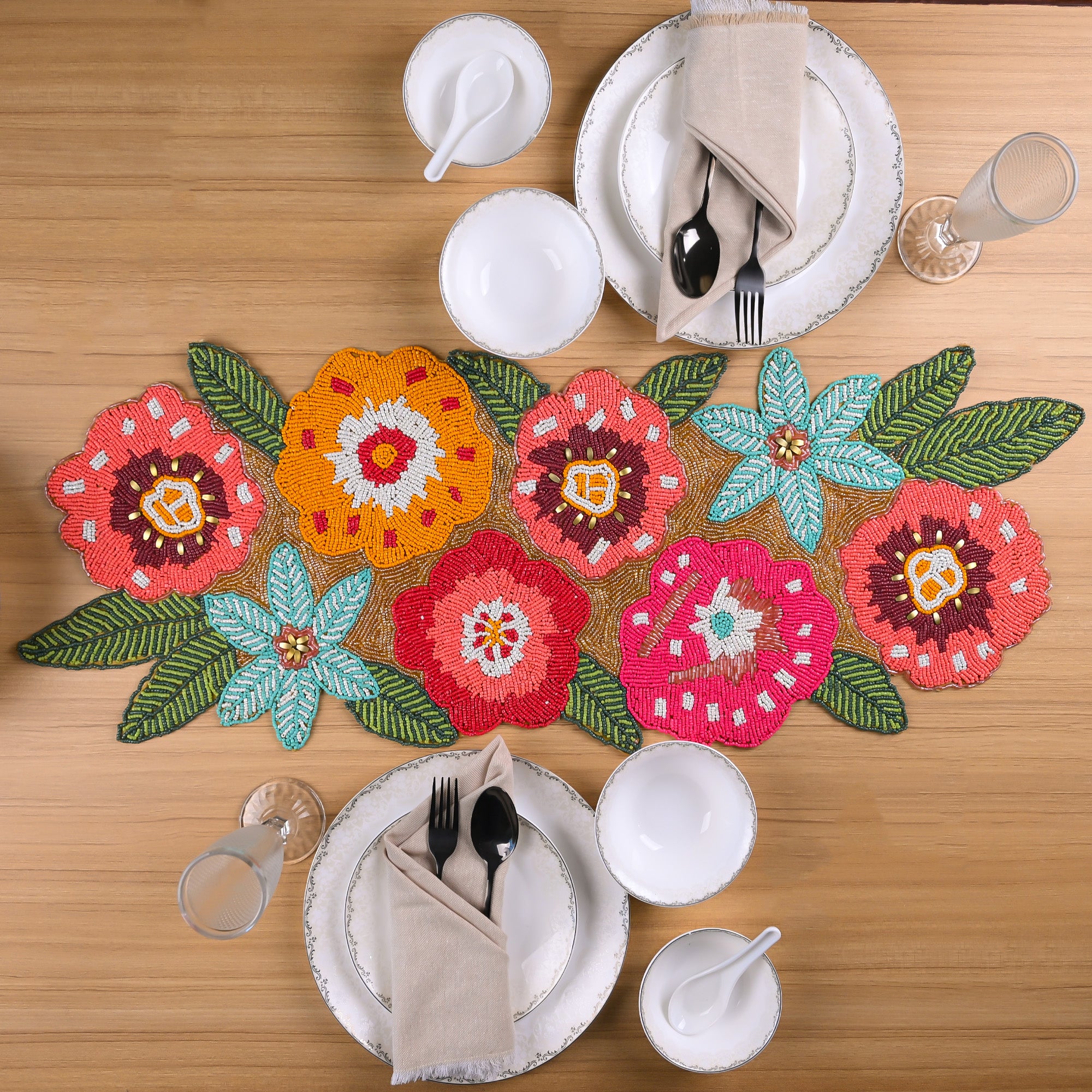 Slender hand-beaded table mat for elegant dining
