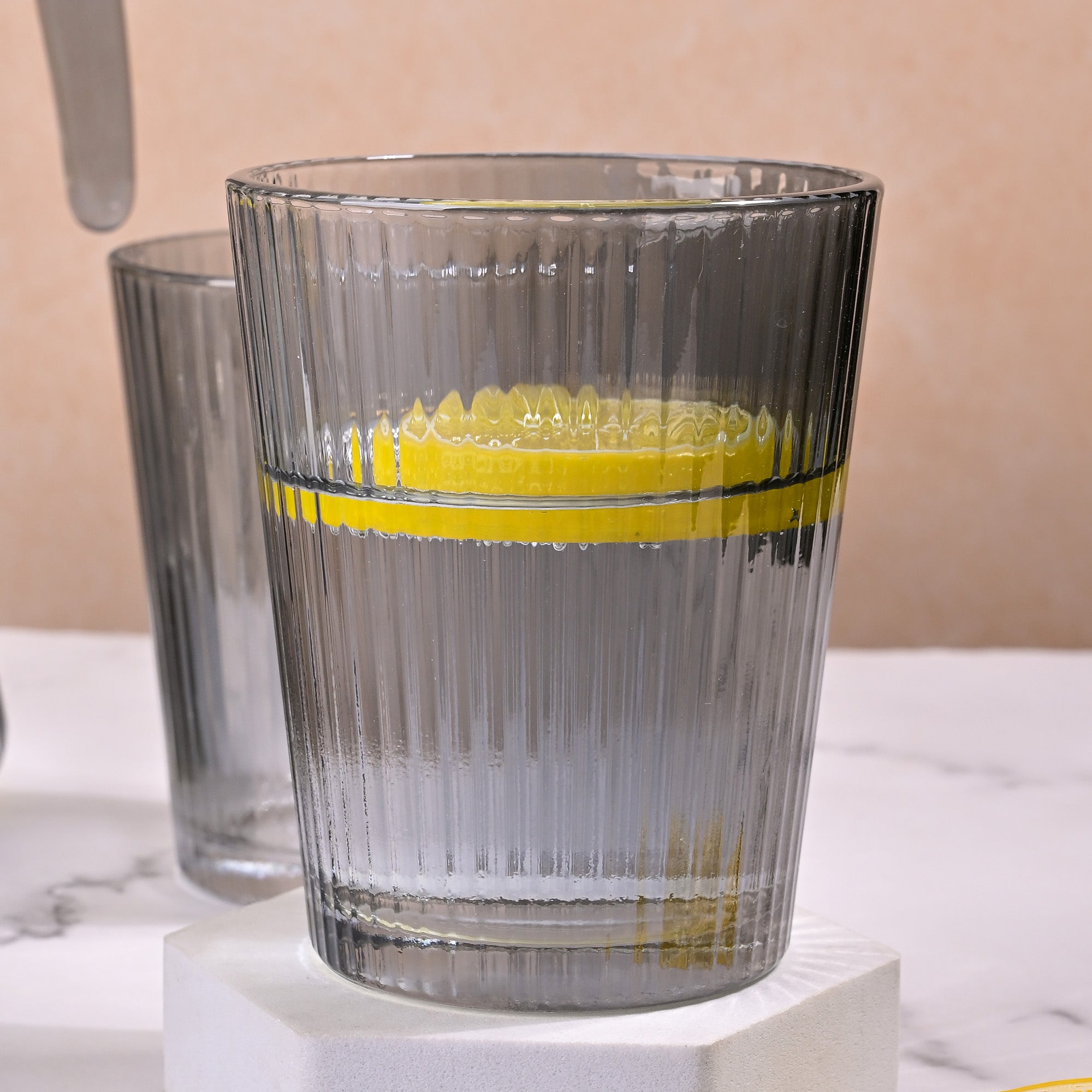 Premium grey-tinted glass jug with matching drinking glasses

