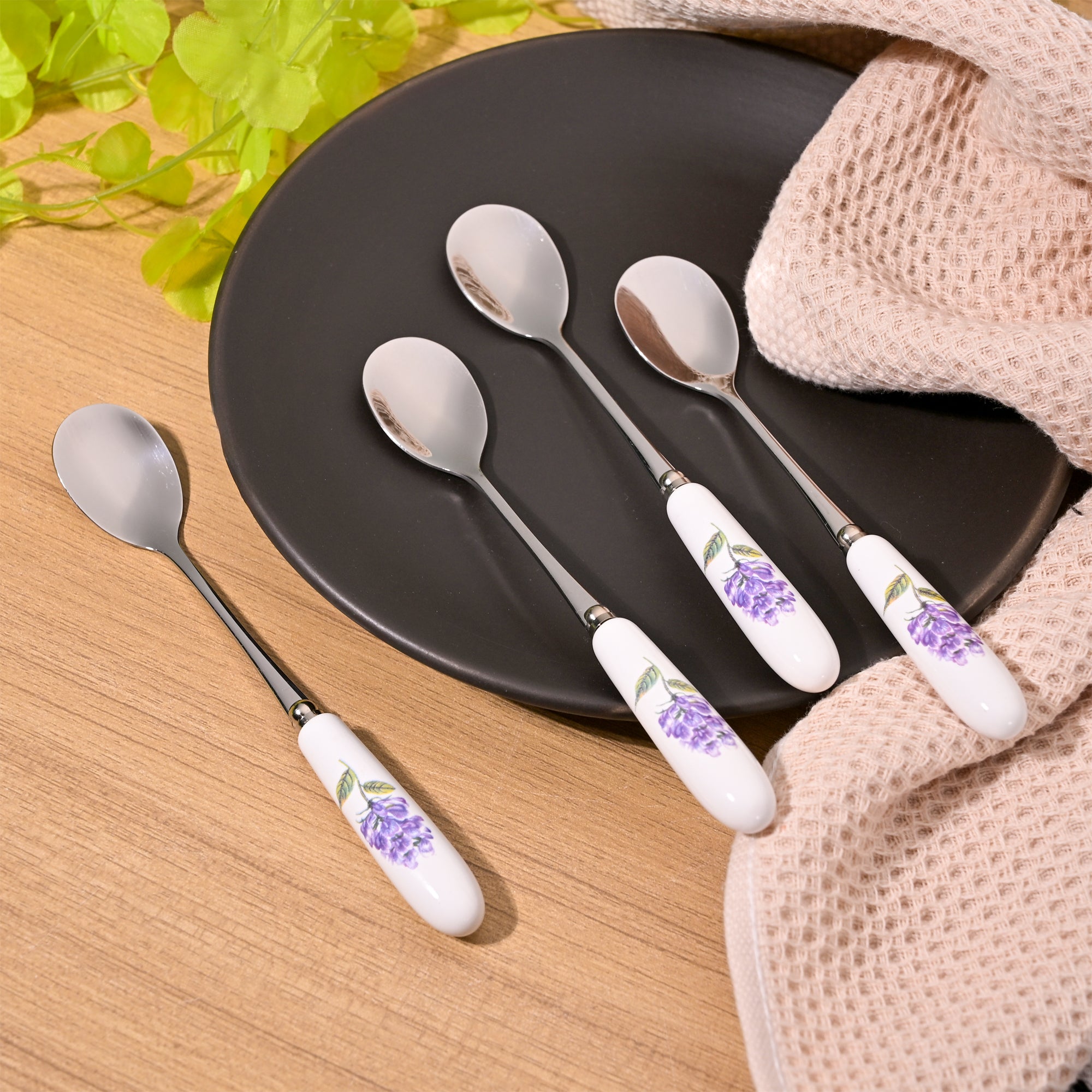 Stylish lavender bloom ceramic-handled dessert spoons set of 4