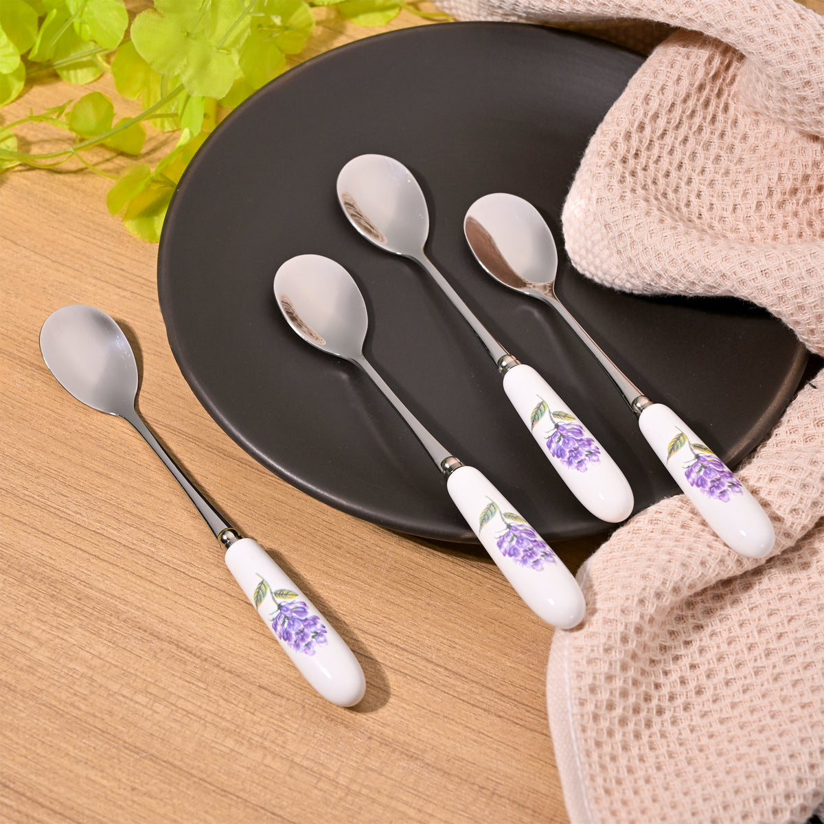 Stylish lavender bloom ceramic-handled dessert spoons set of 4