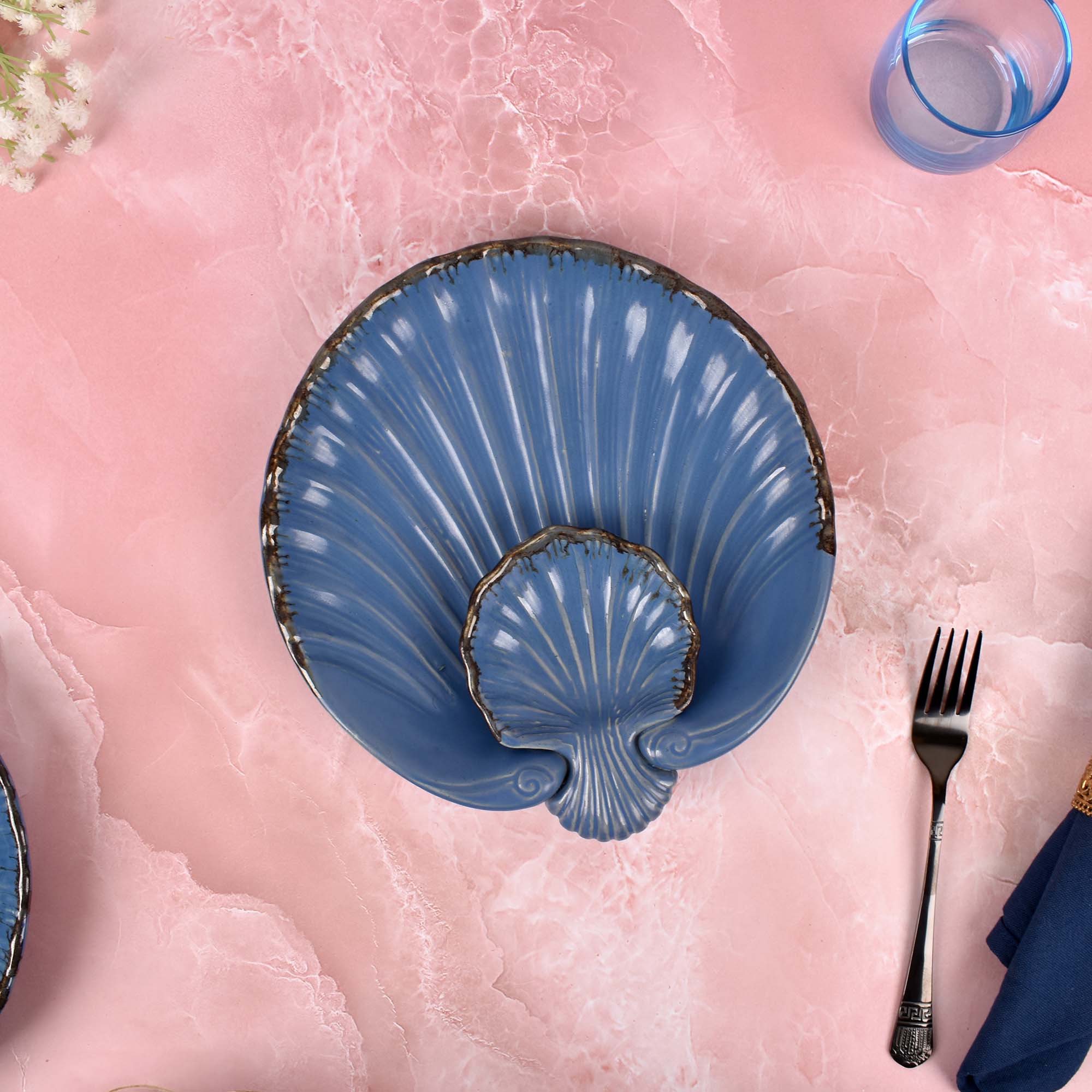 Blue ceramic platter for appetizers and snacks


