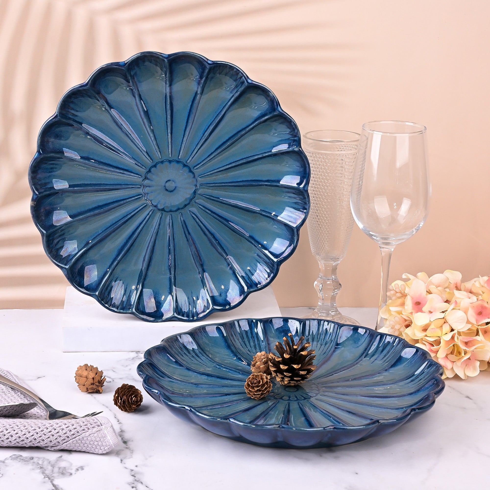 Teal blue flower shaped plates set of 2