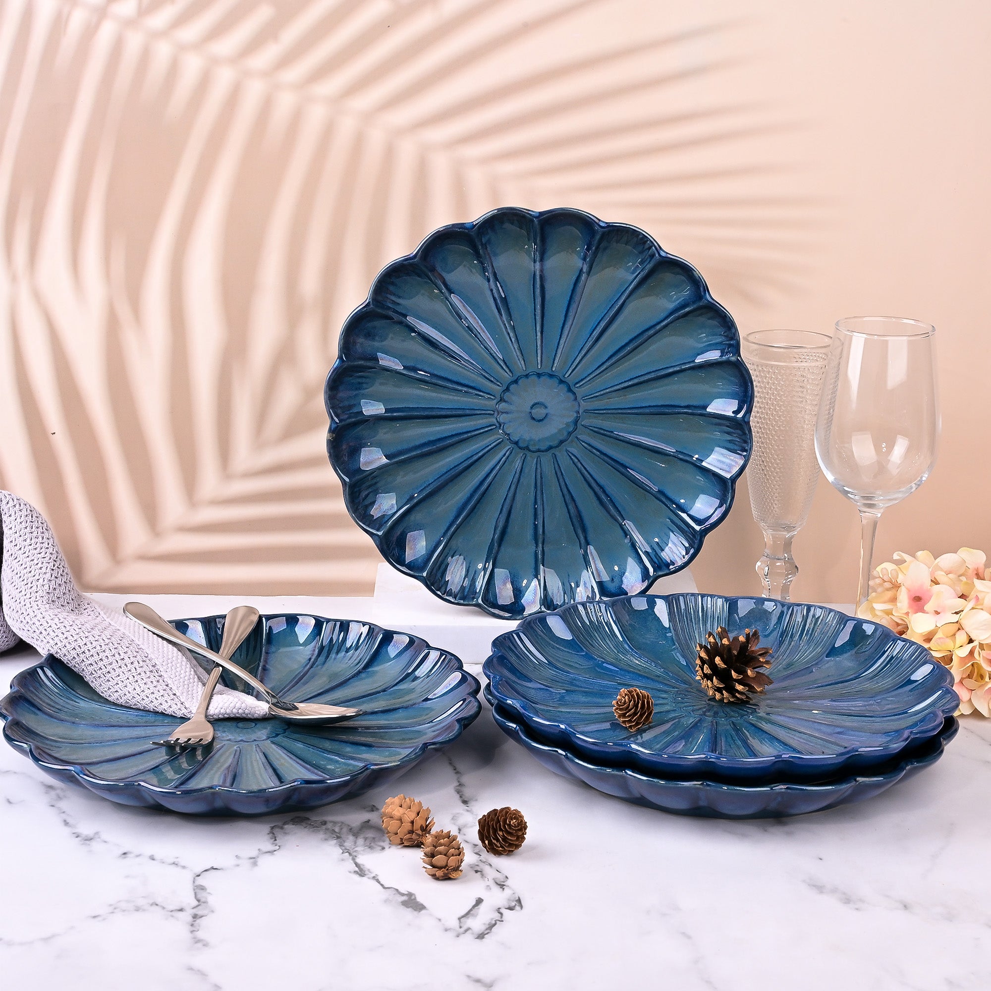 Teal blue flower shaped plates set of 4 