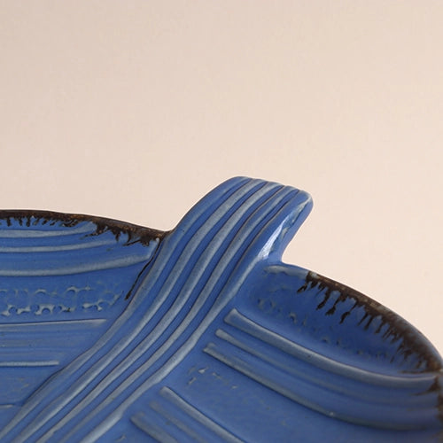 Handmade teal leaf ceramic serving platter

