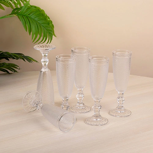 Set of six textured clear stem glasses

