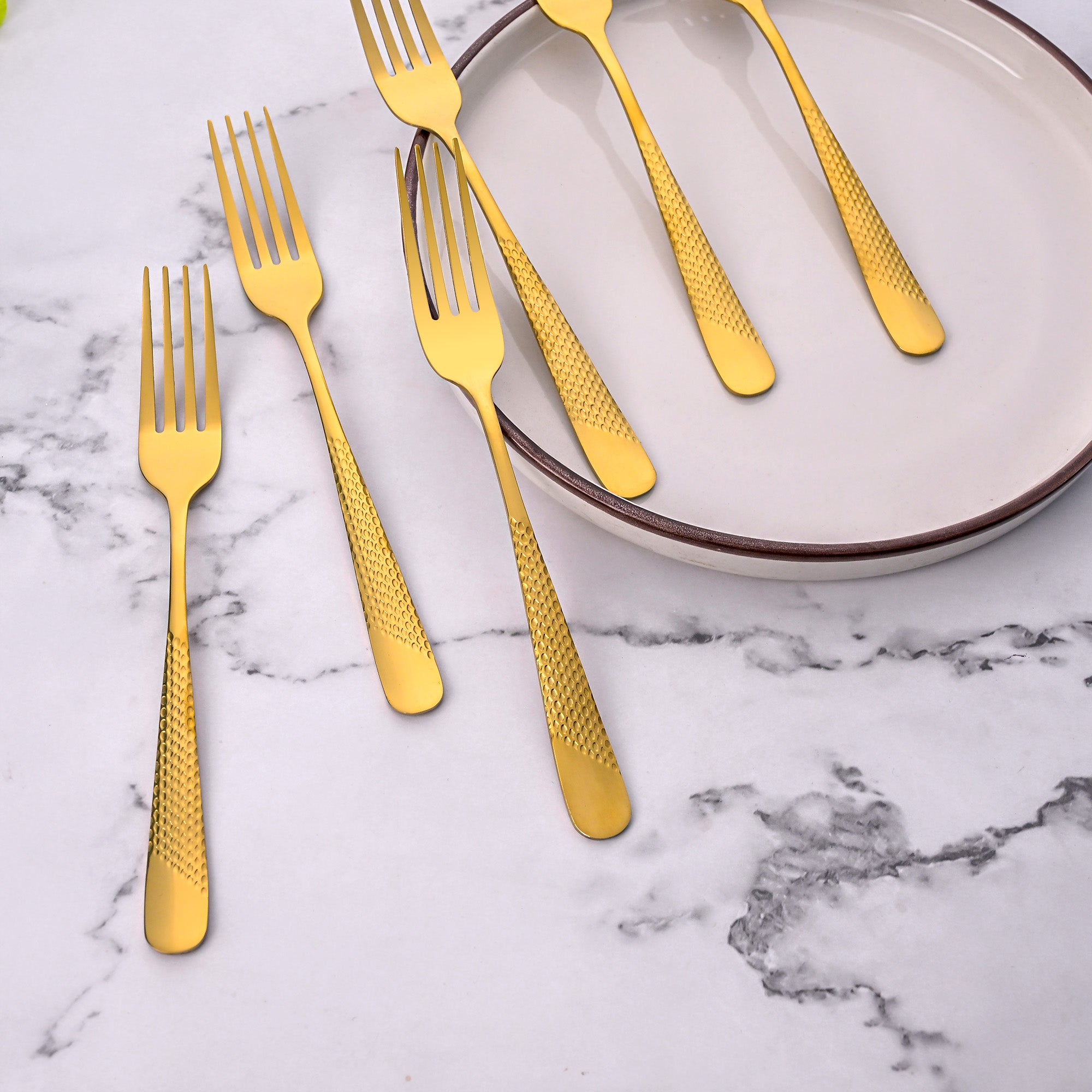 Timeless Golden Forks Set of 6 Displayed with Elegant Tableware

