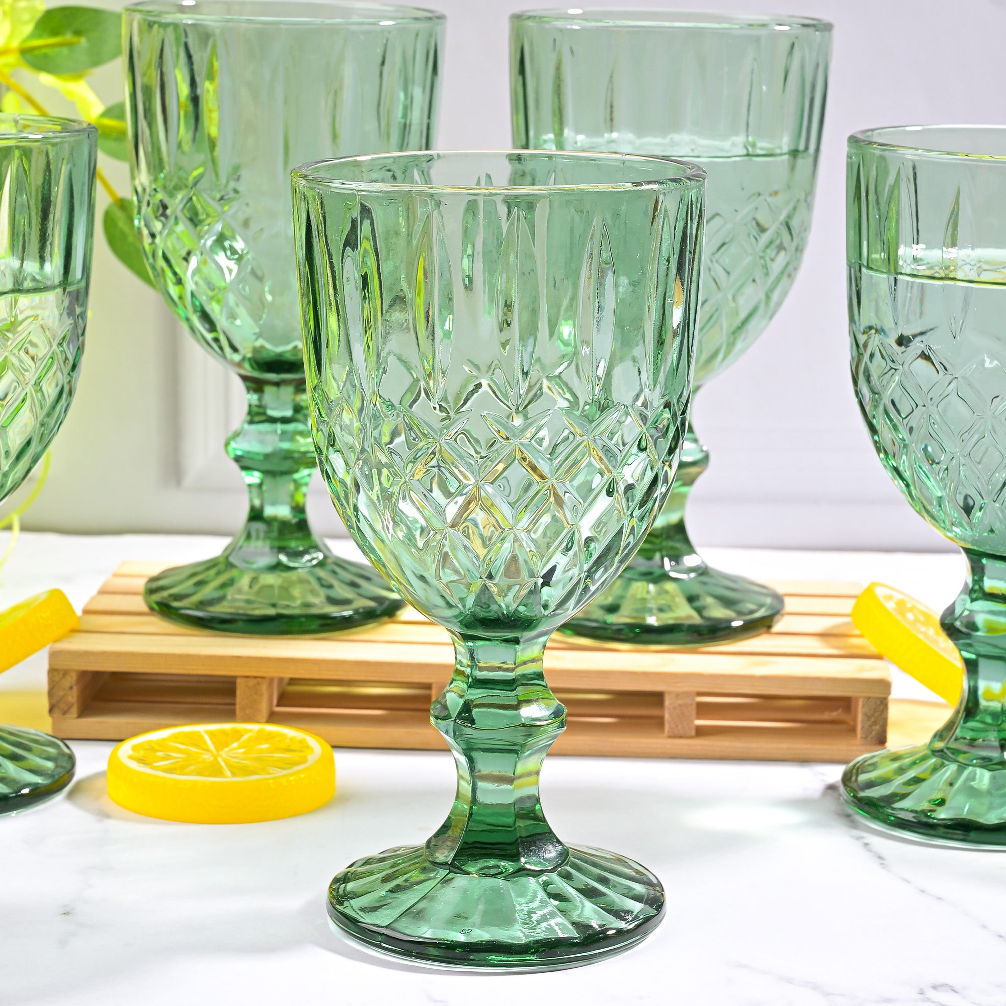 Six vintage diamond detailing glasses arranged together

