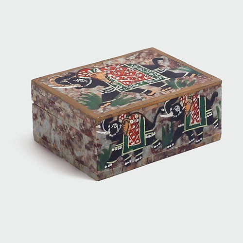 Handcrafted marble jewelry box with traditional elephant design

