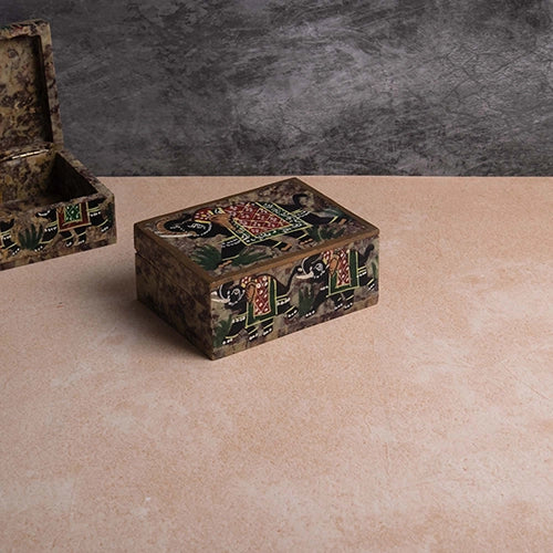 Decorative elephant motif marble box for jewelry and keepsakes

