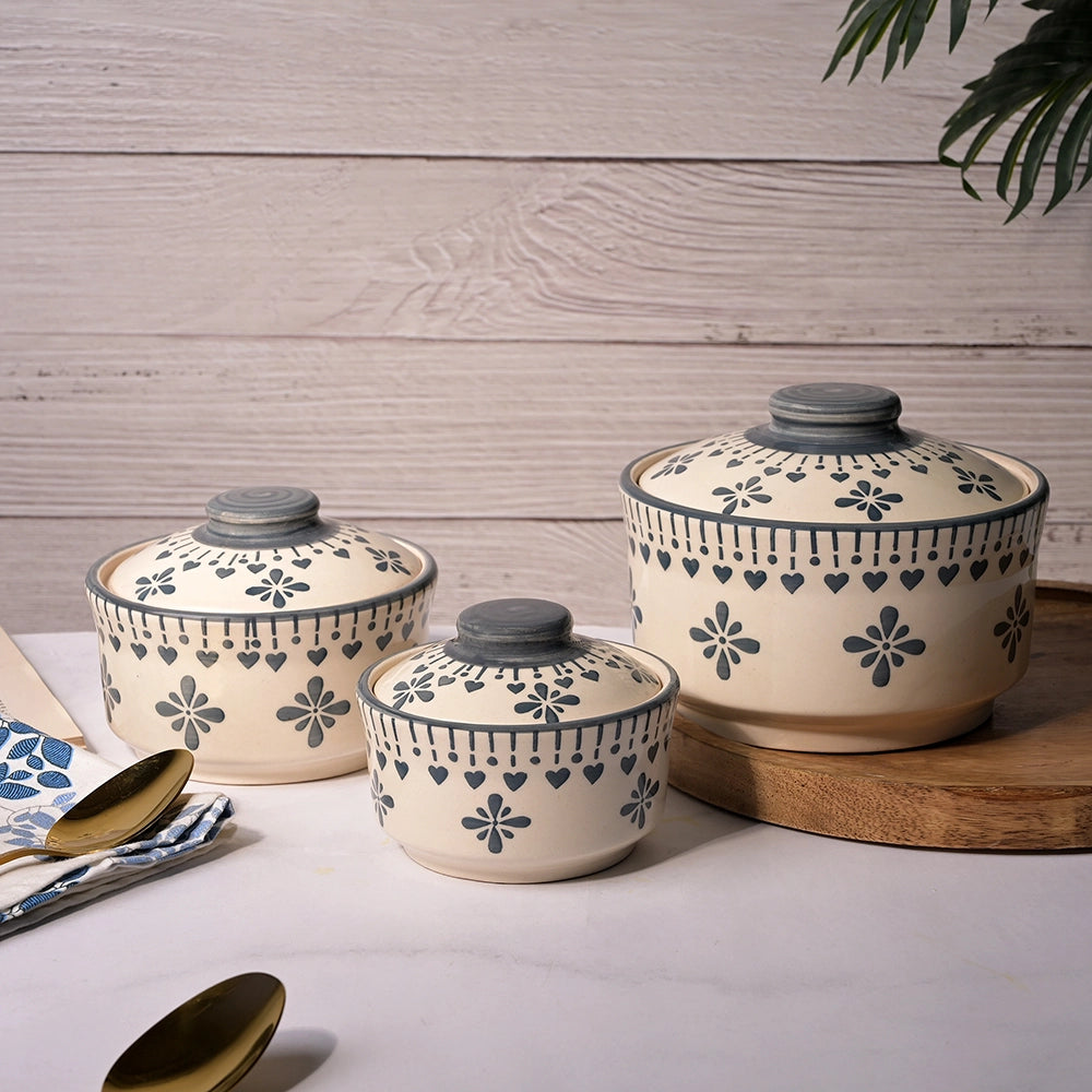 Vintage grey white ceramic bowl set with lid

