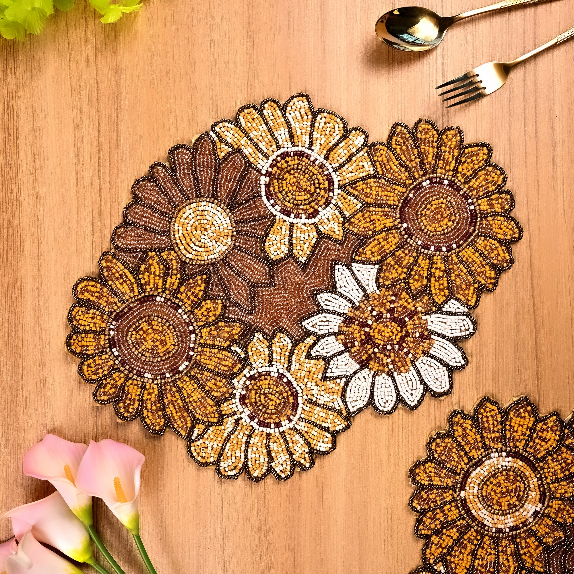 Yellow and white flower doily for elegant table decor

