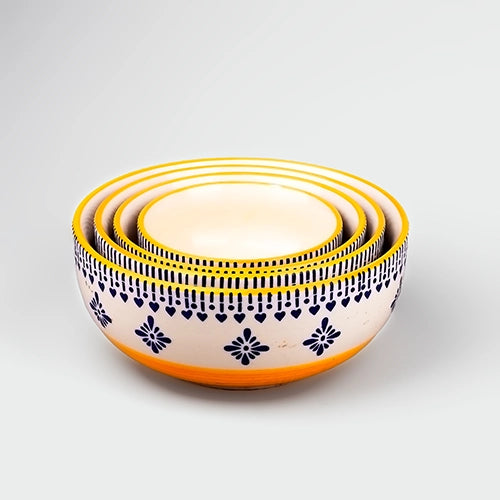 Set of 4 yellow printed serving bowls

