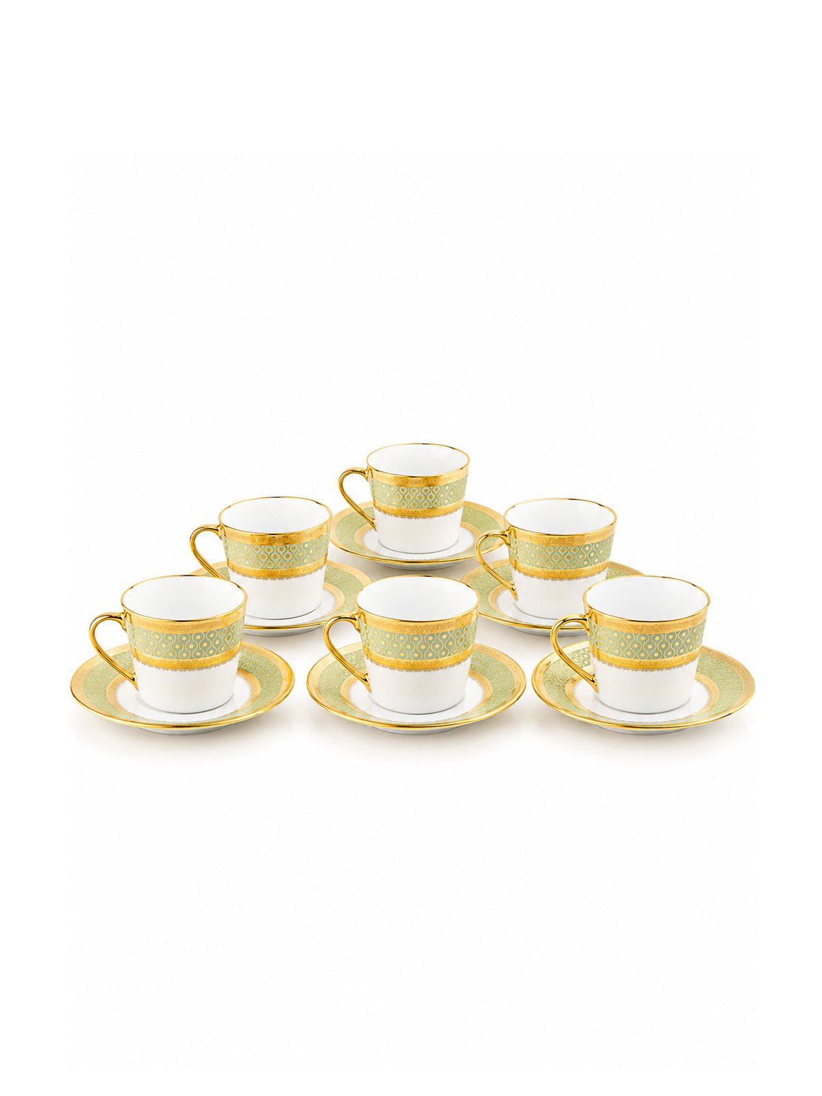 Set of six Zari real gold tea cups arranged for serving

