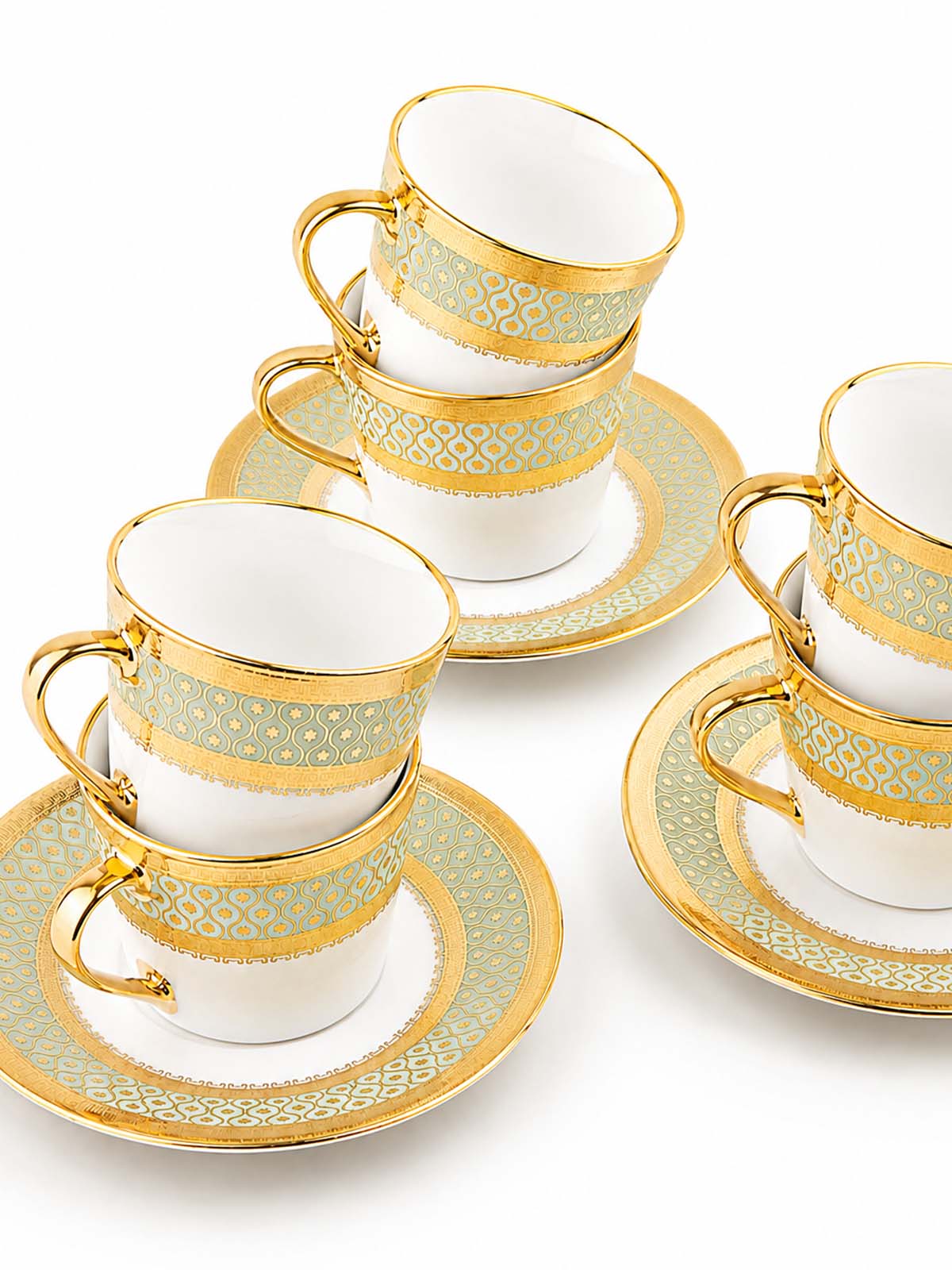 Zari set of 6 gold tea cups showcased in a stylish setting

