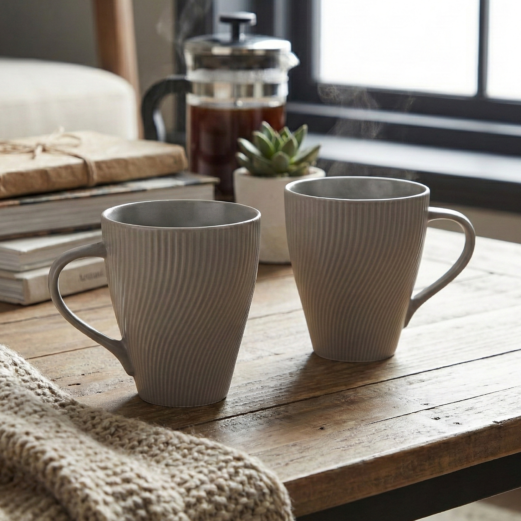 Ash Grey Unique New Bone China Coffee Mug Set of 2