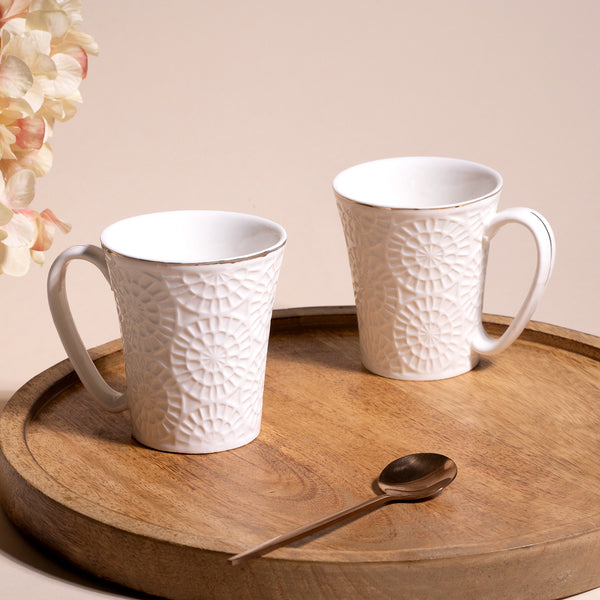 Embossed Pure White Tea Cups Set of 2