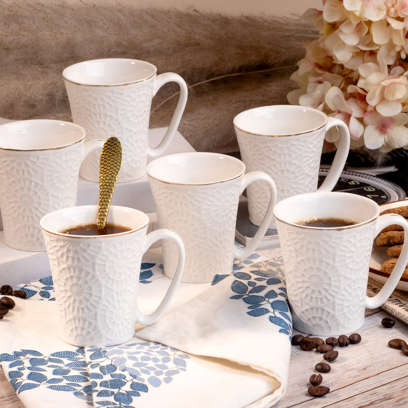 Embossed Pure White Tea Cups Set of 6