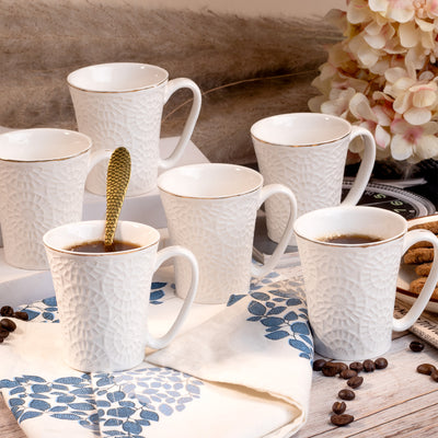 Embossed Pure White Tea Cups Set of 6