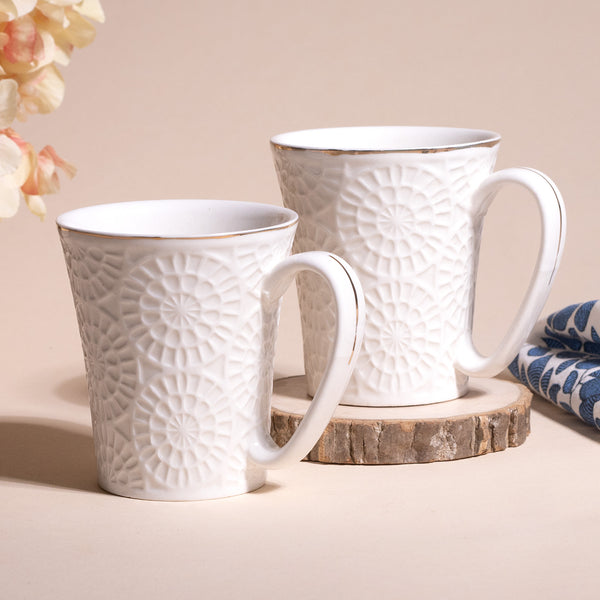 Embossed Pure White Tea Cups Set of 2
