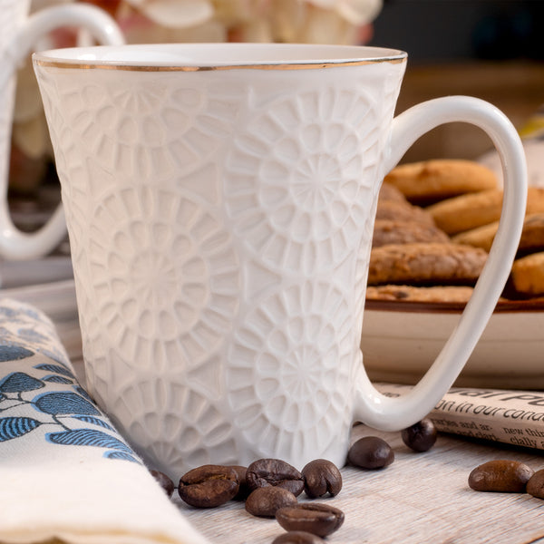 Embossed Pure White Tea Cups Set of 4