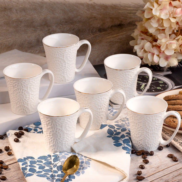 Embossed Pure White Tea Cups Set of 6
