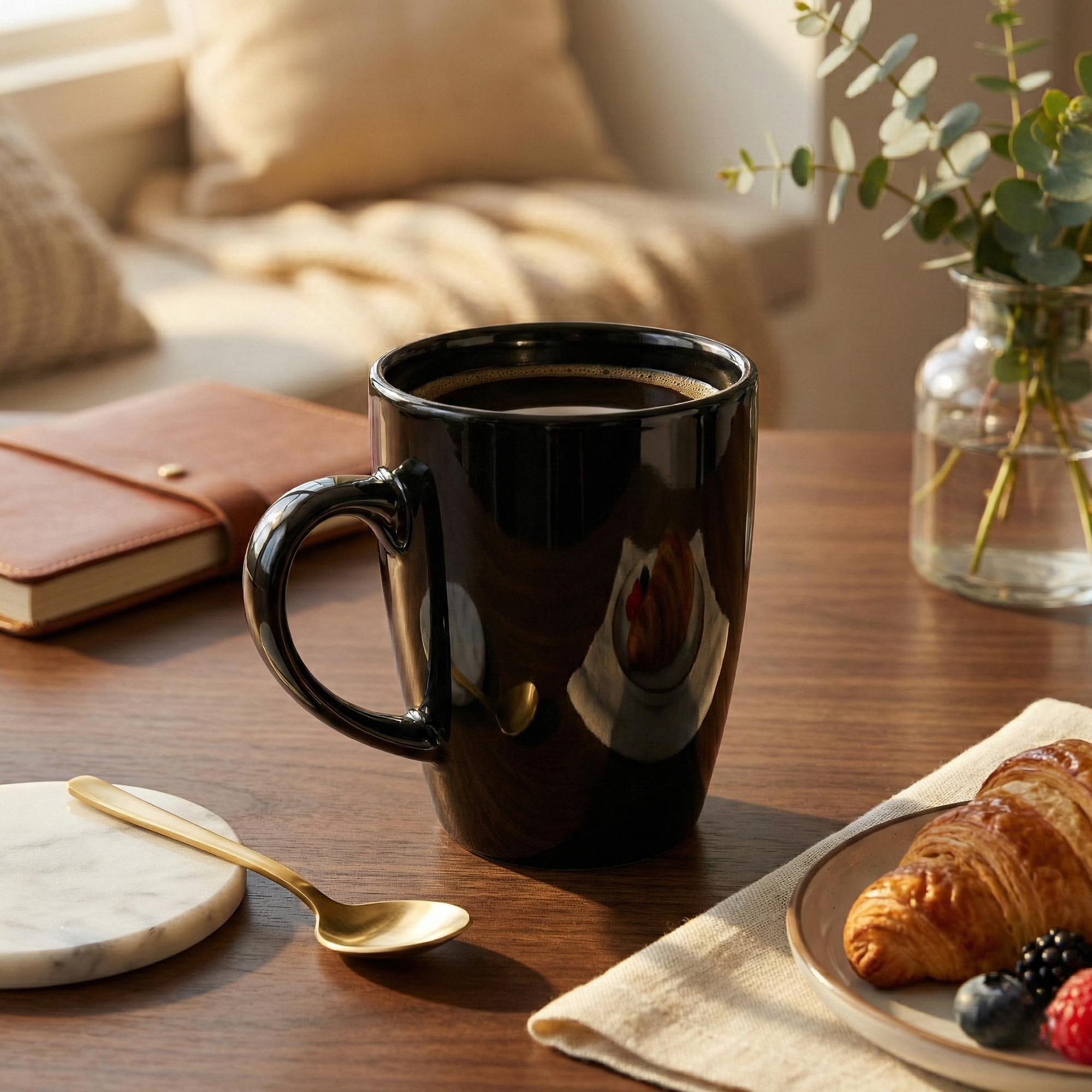 Luxe Black Ceramic Mug Lifestyle View – Kairaus