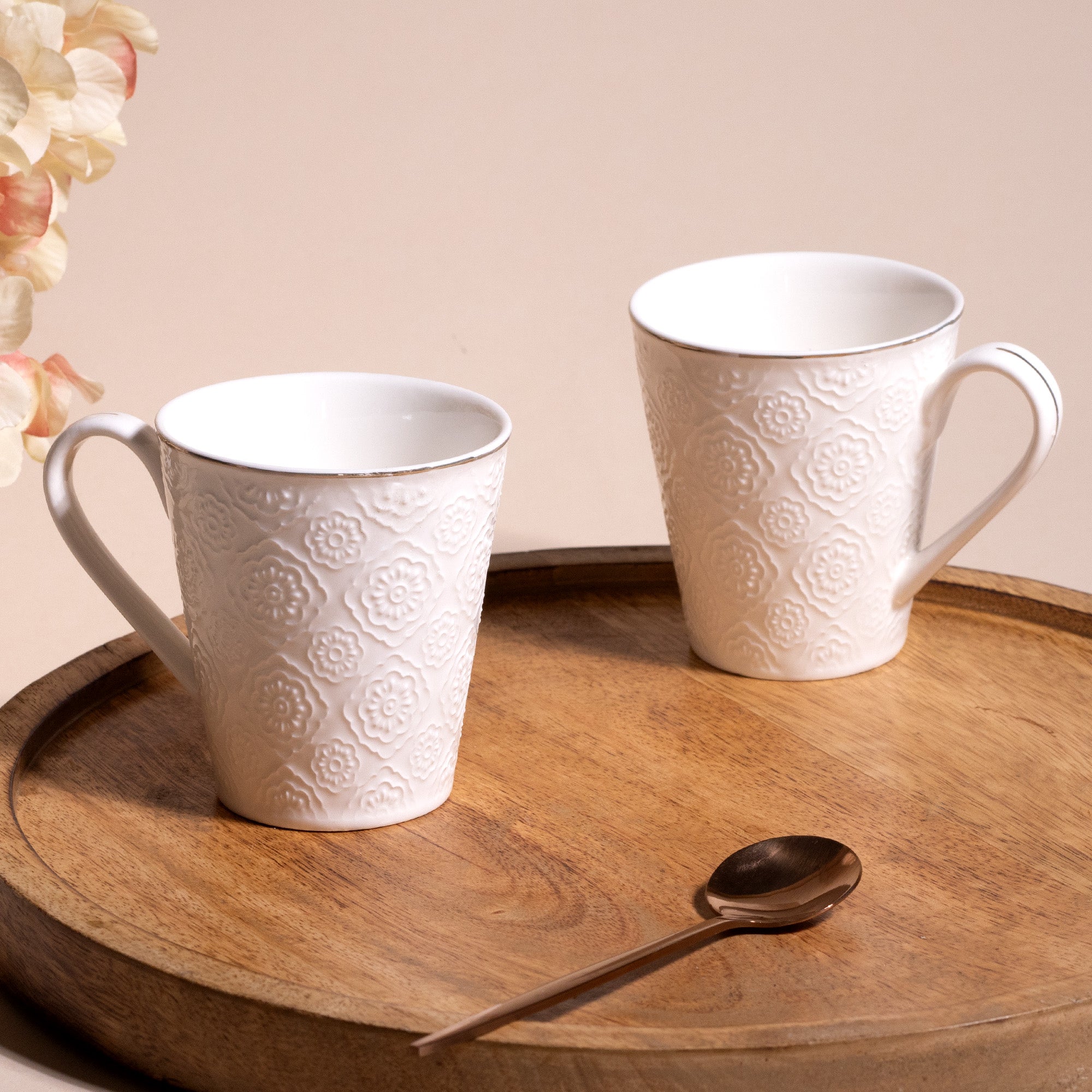 Minimalist White Floral Tea Cups Set of 2