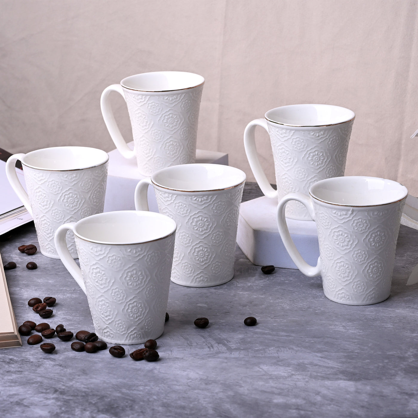 Minimalist White Floral Tea Cups Set of 6