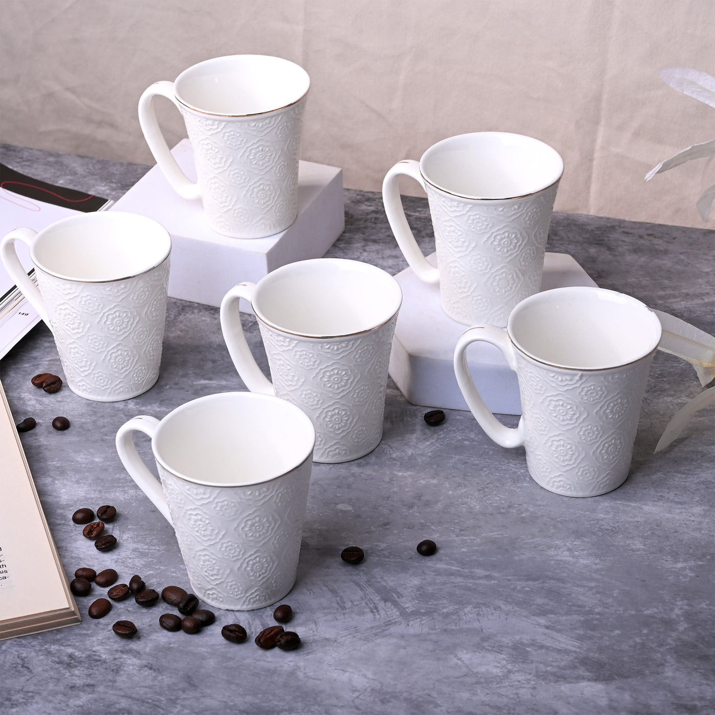 Minimalist White Floral Tea Cups Set of 6