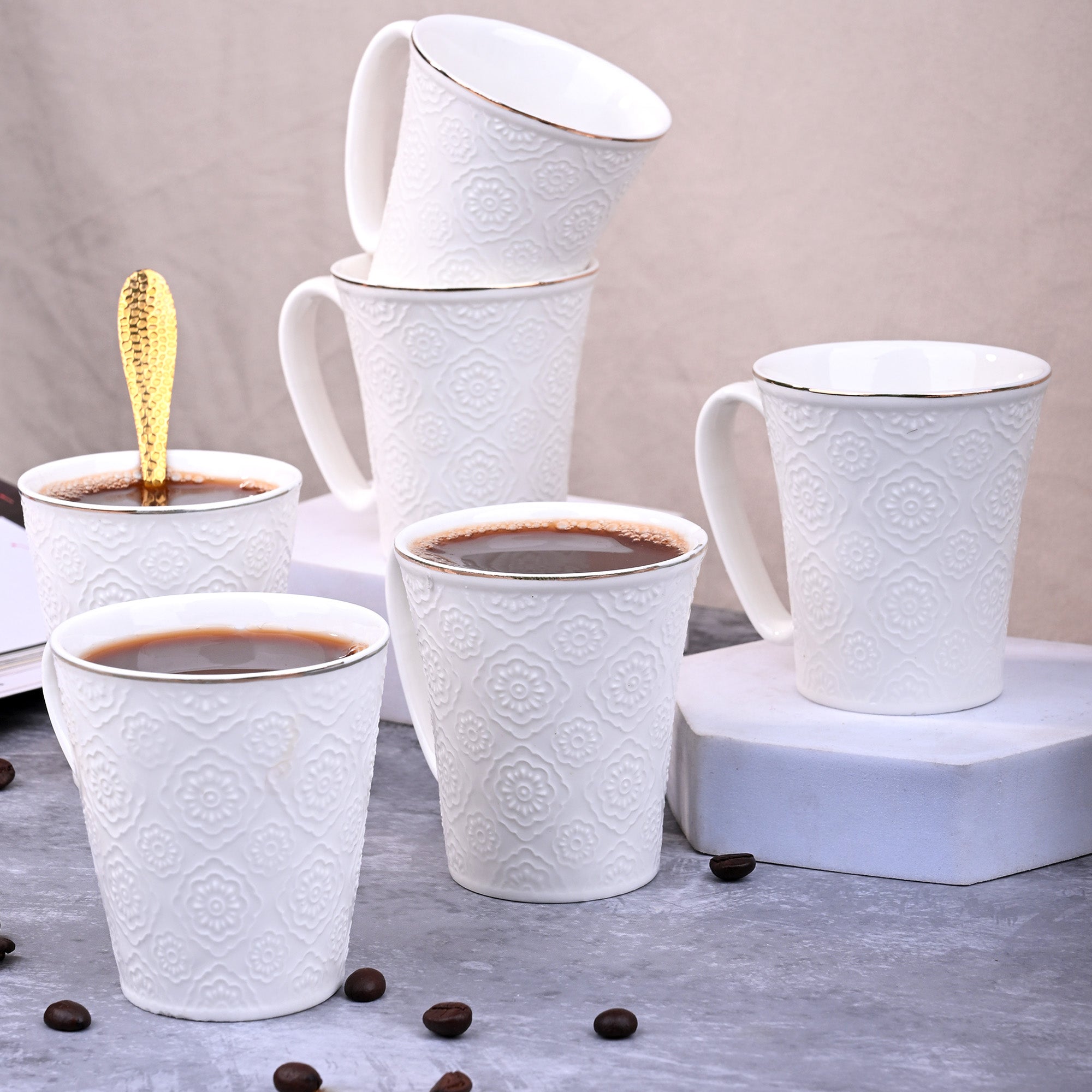 Minimalist White Floral Tea Cups (Set of 6)