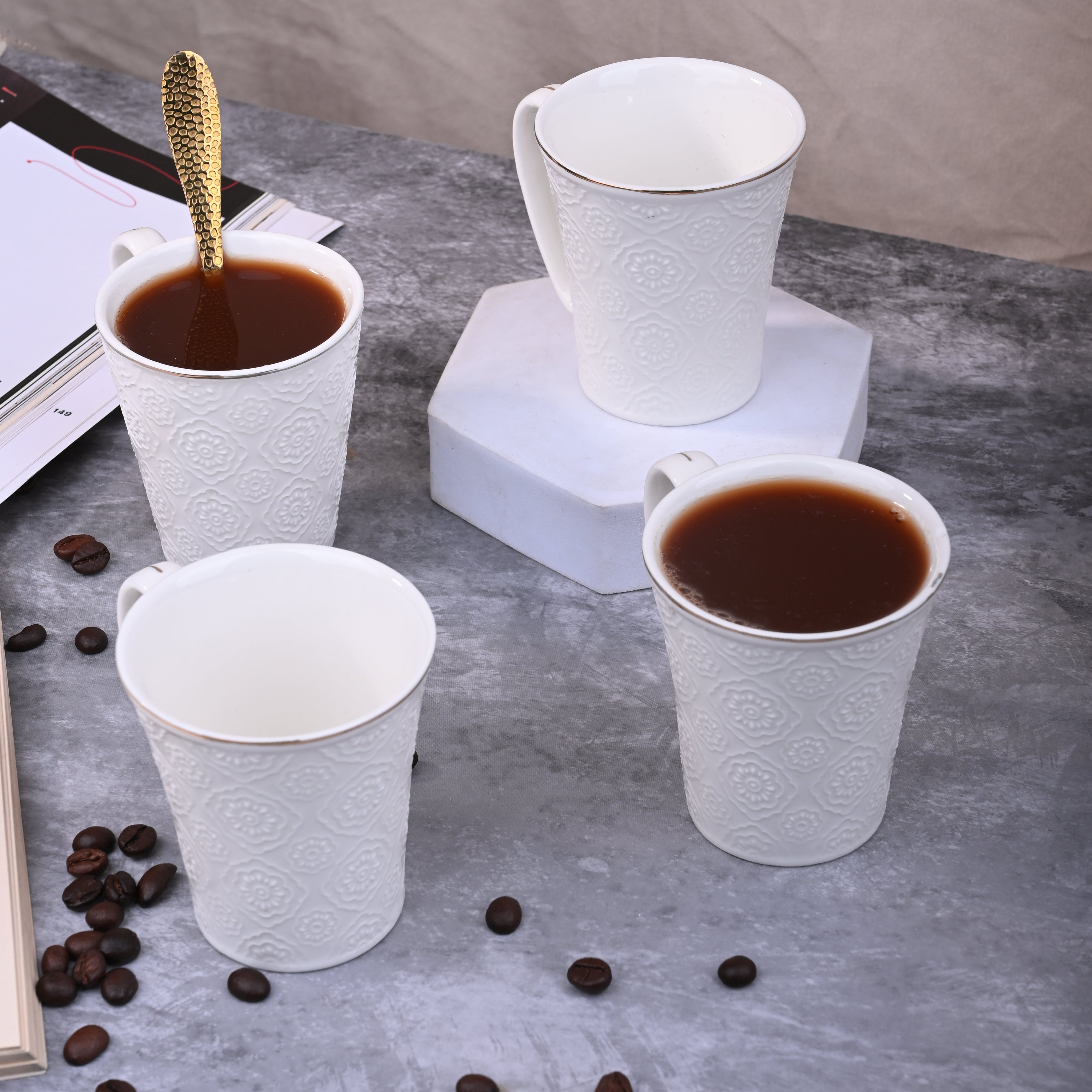 Minimalist White Floral Tea Cups Set of 4