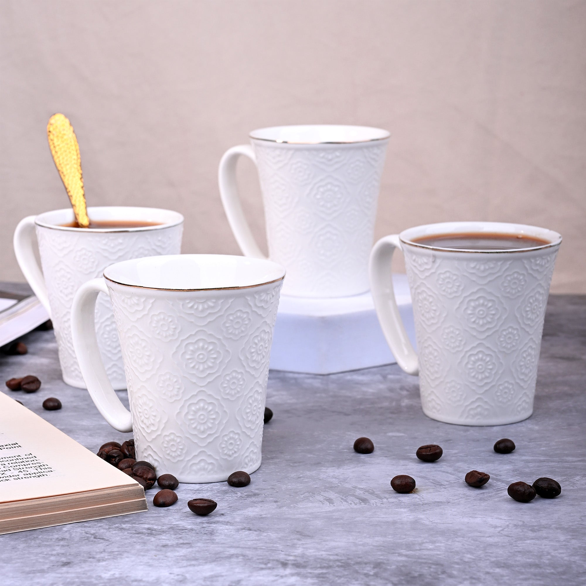 Minimalist White Floral Tea Cups Set of 4