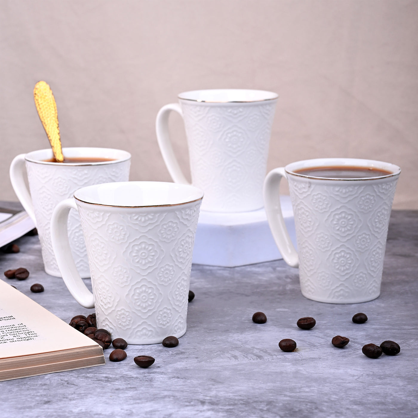 Minimalist White Floral Tea Cups Set of 4
