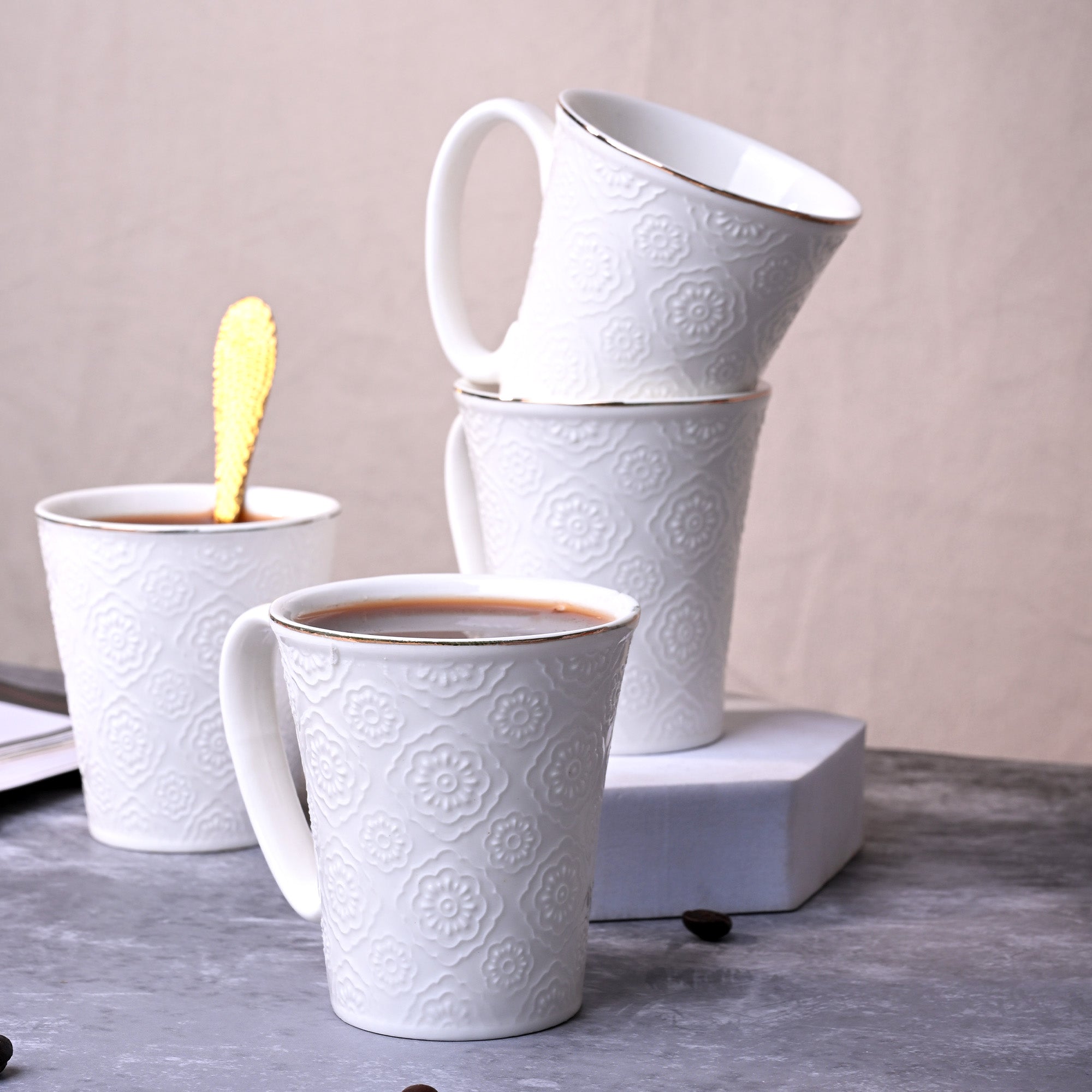 Minimalist White Floral Tea Cups Set of 4