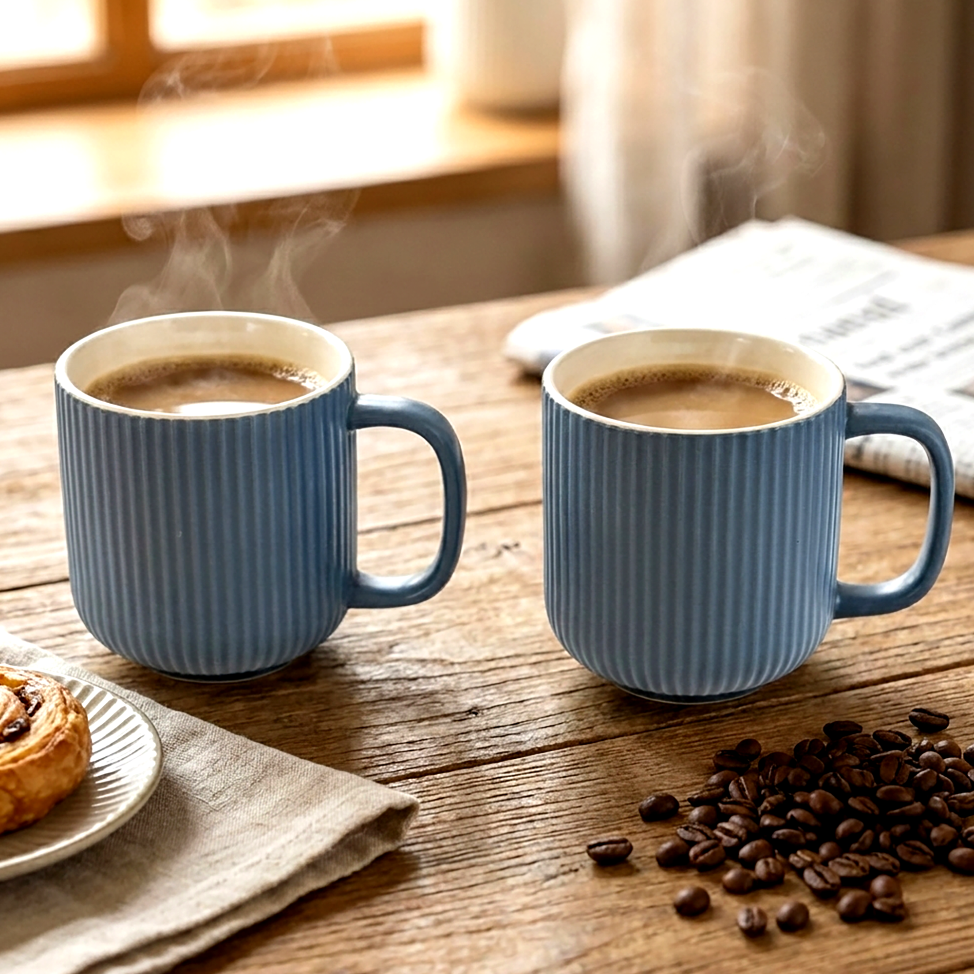 Oceanic Ribbed New Bone China Coffee Mug Set of 2