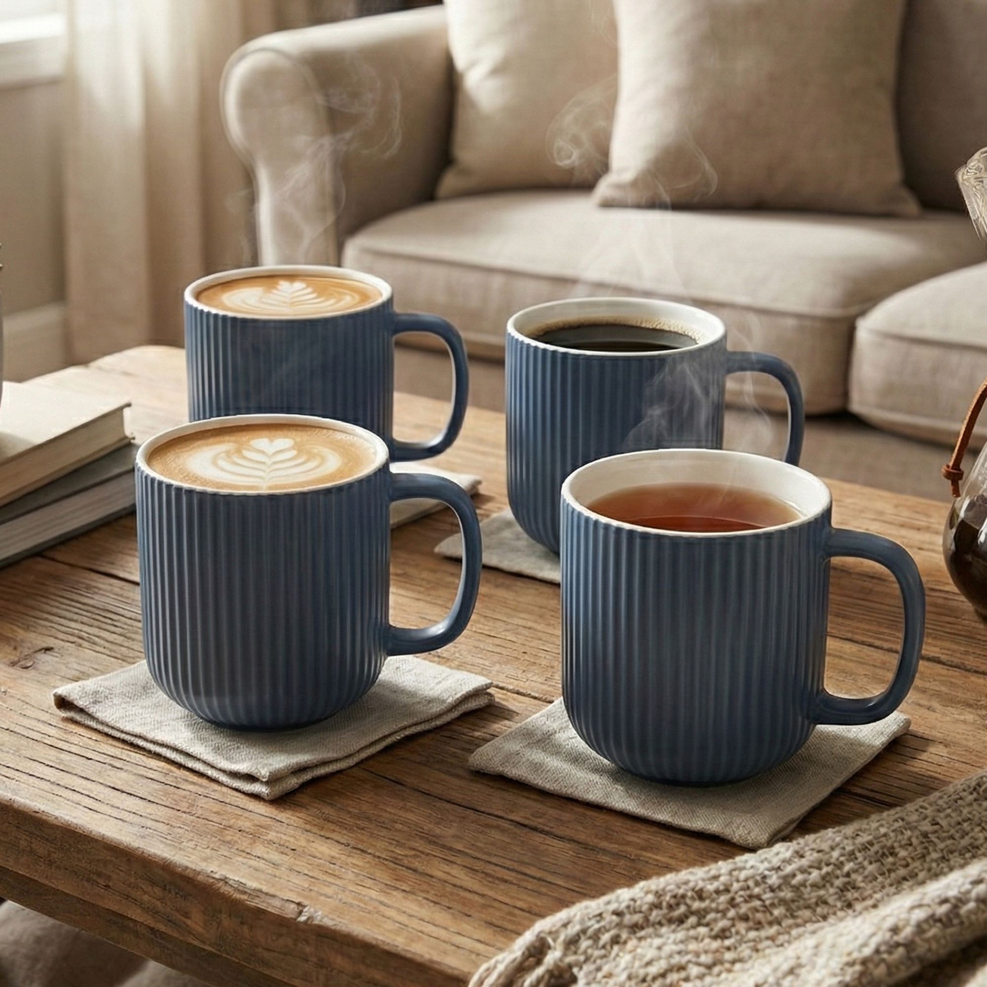 Oceanic Ribbed New Bone China Coffee Mug Set of 4